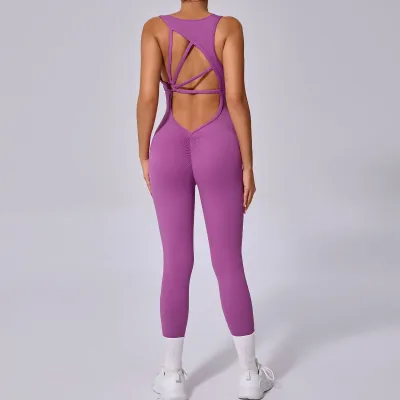 Women Fashion Solid Color Irregular Sleeveless Backless Yoga Sports Jumpsuits