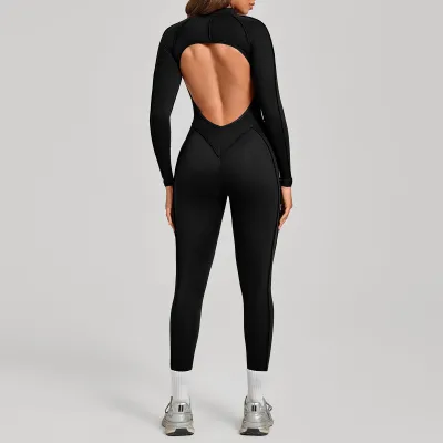 Women Fashion Solid Color Stitching Half Zipper Long-Sleeve Backless Tight Yoga Sports Jumpsuits