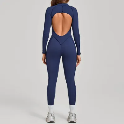 Women Fashion Solid Color Stitching Half Zipper Long-Sleeve Backless Tight Yoga Sports Jumpsuits