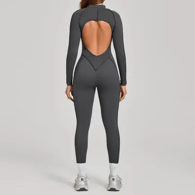 Women Fashion Solid Color Stitching Half Zipper Long-Sleeve Backless Tight Yoga Sports Jumpsuits