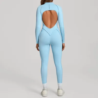 Women Fashion Solid Color Stitching Half Zipper Long-Sleeve Backless Tight Yoga Sports Jumpsuits