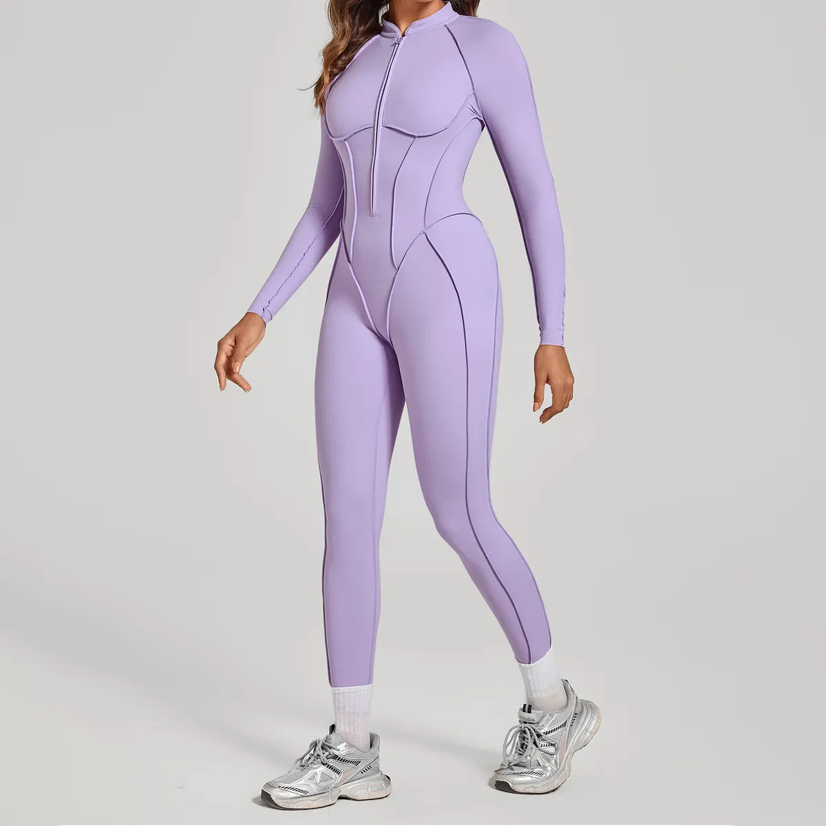 Women Fashion Solid Color Stitching Half Zipper Long-Sleeve Backless Tight Yoga Sports Jumpsuits