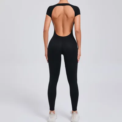 Women Fashion Solid Color Tight Quick-Drying Short-Sleeve Backless Yoga Sports Jumpsuits