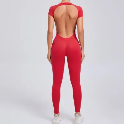 Women Fashion Solid Color Tight Quick-Drying Short-Sleeve Backless Yoga Sports Jumpsuits