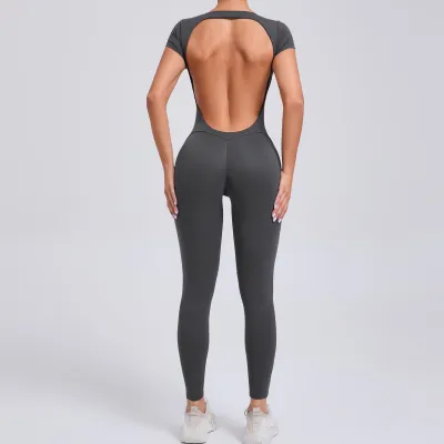 Women Fashion Solid Color Tight Quick-Drying Short-Sleeve Backless Yoga Sports Jumpsuits