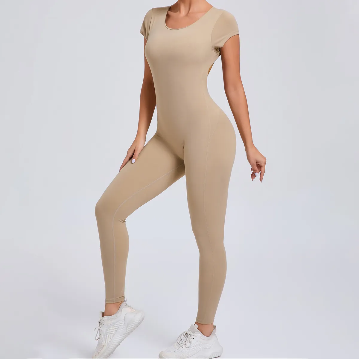 Women Fashion Solid Color Tight Quick-Drying Short-Sleeve Backless Yoga Sports Jumpsuits