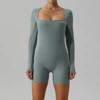 Women Fashion Simple Solid Color Long Sleeve Tight Yoga Sports Rompers