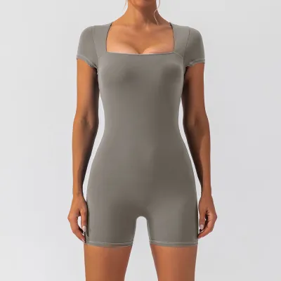 Women Fashion Simple Solid Color Short-Sleeved Yoga Sports Rompers