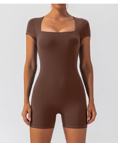 Women Fashion Simple Solid Color Short-Sleeved Yoga Sports Rompers