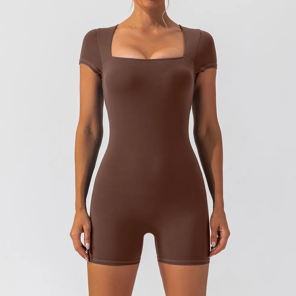 Women Fashion Simple Solid Color Short-Sleeved Yoga Sports Rompers