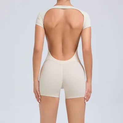 Women Fashion Solid Color Short-Sleeve Backless Yoga Sports Rompers