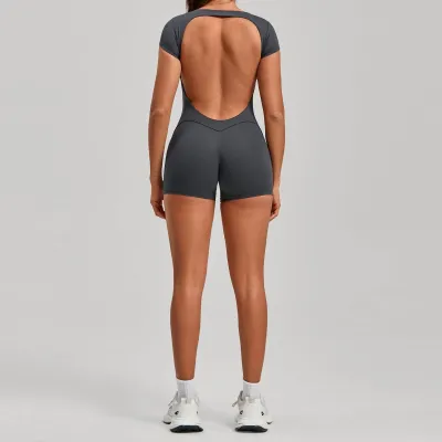 Women Fashion Solid Color Short-Sleeve Backless Yoga Sports Rompers