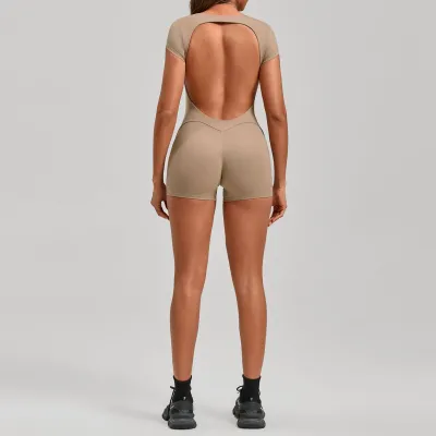 Women Fashion Solid Color Short-Sleeve Backless Yoga Sports Rompers