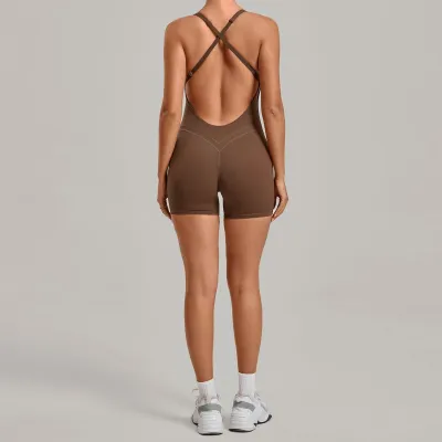 Women Fashion Solid Color Backless Cross Strap Tight Yoga Sports Rompers