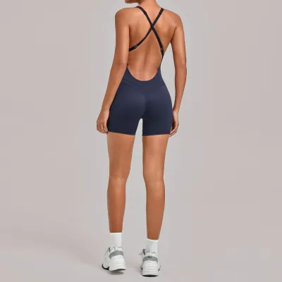 Women Fashion Solid Color Backless Cross Strap Tight Yoga Sports Rompers