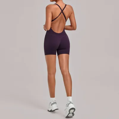 Women Fashion Solid Color Backless Cross Strap Tight Yoga Sports Rompers