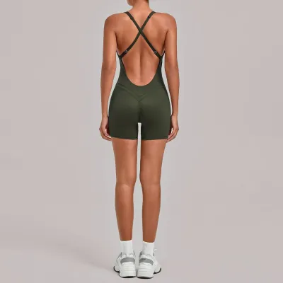 Women Fashion Solid Color Backless Cross Strap Tight Yoga Sports Rompers
