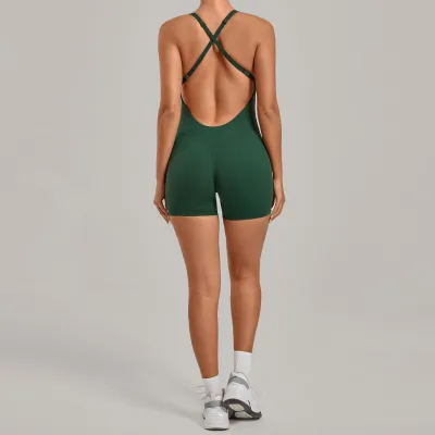 Women Fashion Solid Color Backless Cross Strap Tight Yoga Sports Rompers