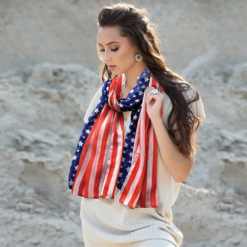 Women Fashion Retro Independence Day Star Stripe Yarn Scarf