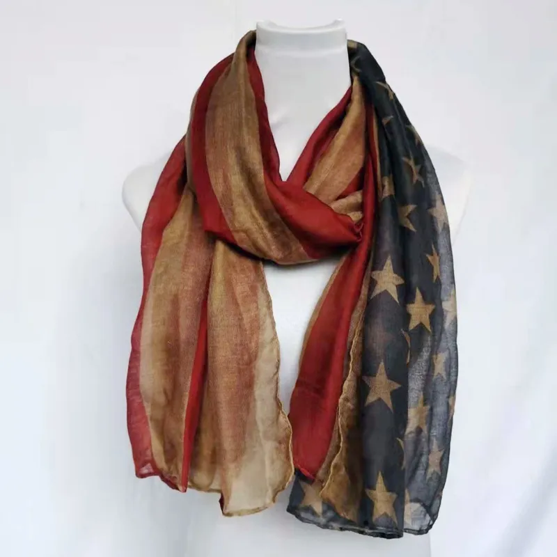 Women Fashion Retro American Flag Stars And Stripes Pattern Long Scarf
