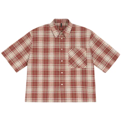 Men's Fashion Casual Summer Contrast Color Plaid Lapel Short Sleeve Shirt