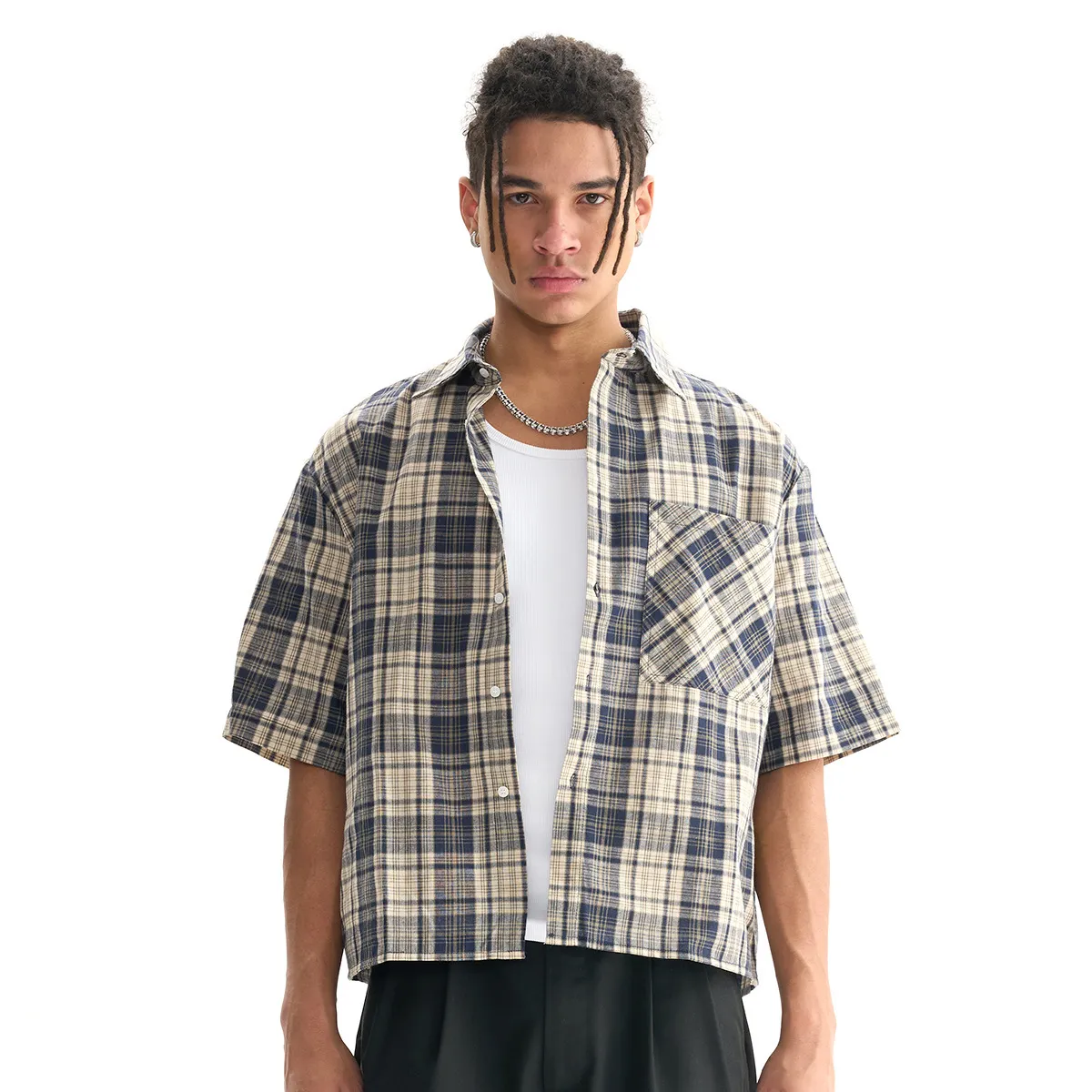 Men's Fashion Casual Summer Contrast Color Plaid Lapel Short Sleeve Shirt