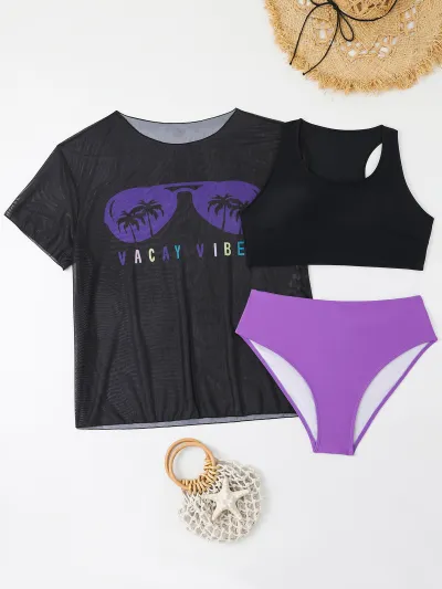 Women Fashion Sexy Plus Size Printed Mesh Perspective Swimsuit Three-Piece Set