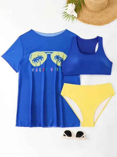 Women Fashion Sexy Plus Size Printed Mesh Perspective Swimsuit Three-Piece Set