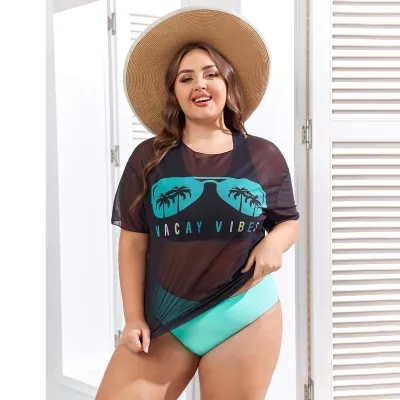 Traje de baño de tres piezas con estampado de malla transparente, sexy y de talla grande para mujer.