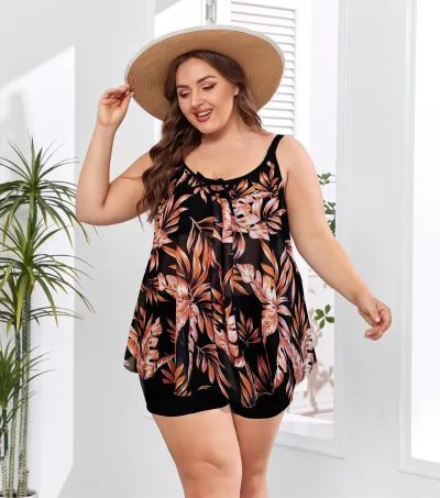 Women Fashion Sexy Plus Size Printed Mesh Sleeveless High Waist Tankini Swimsuit