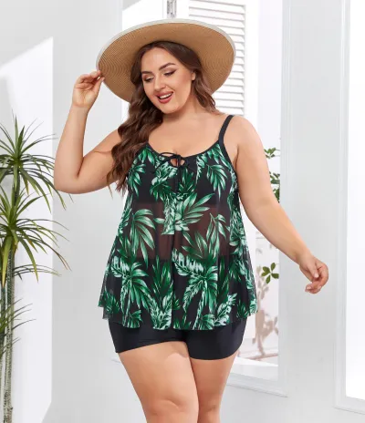 Women Fashion Sexy Plus Size Printed Mesh Sleeveless High Waist Tankini Swimsuit