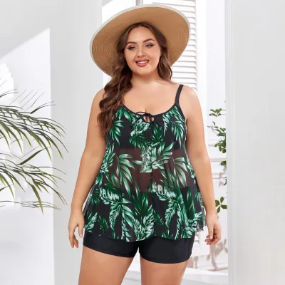 Traje de baño tankini sin mangas de cintura alta con estampado de malla, sexy y de talla grande para mujer.