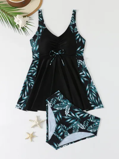 Women Fashion Plus Size Printed Sleeveless Drawstring Tankini Swimsuit