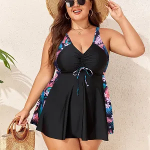 Women Fashion Plus Size Printed Sleeveless Drawstring Tankini Swimsuit