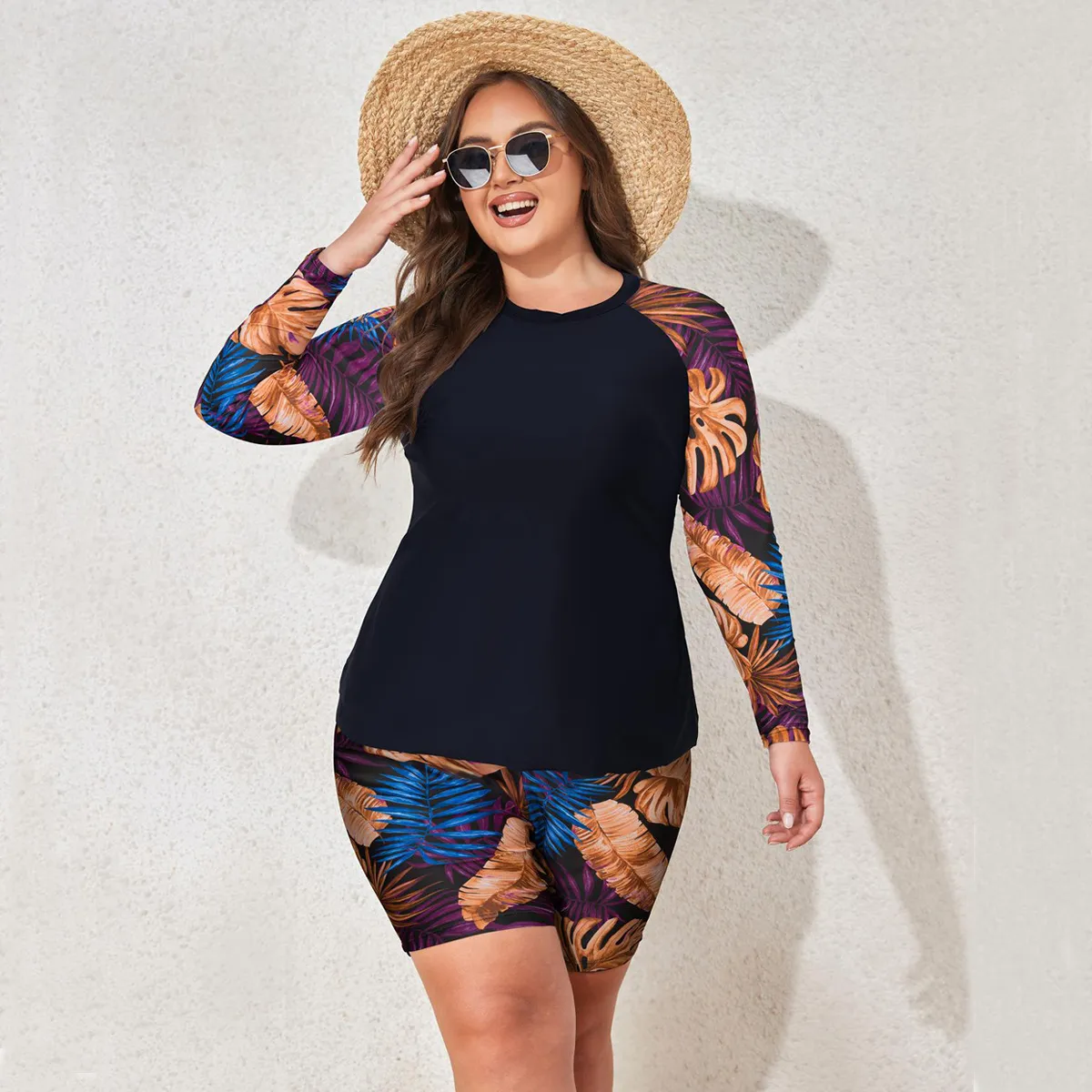 Women Fashion Casual Plus Size Printed Long-Sleeve Tight Shorts Tankini Swimsuit
