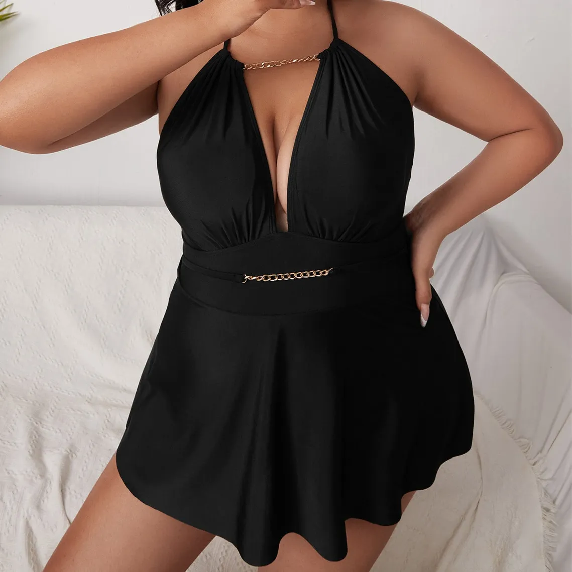 Women Fashion Sexy Plus Size Solid Color Halter-Neck Lace-Up One-Piece Swimsuit