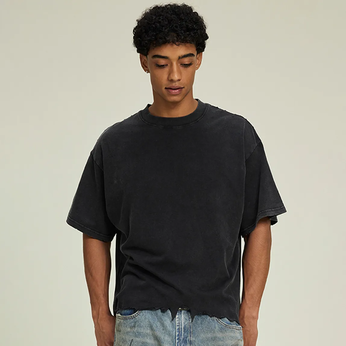 Men's Fashion Casual Solid Color Cotton Irregular Short Sleeve T-Shirt Loose Fit
