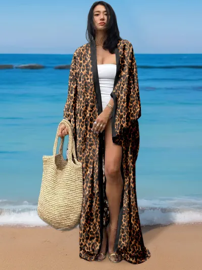 Women Fashion Casual Vacation Bright Printed Long-Sleeve Loose Beach Swimsuit Cover-Ups