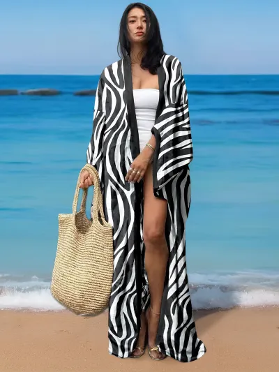 Women Fashion Casual Vacation Bright Printed Long-Sleeve Loose Beach Swimsuit Cover-Ups