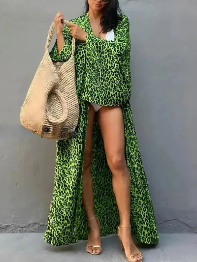 Women Fashion Casual Vacation Bright Printed Long-Sleeve Loose Beach Swimsuit Cover-Ups