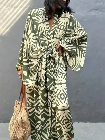 Women Fashion Casual Vacation Bright Printed Long-Sleeve Loose Beach Swimsuit Cover-Ups