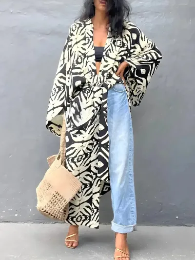 Women Fashion Casual Vacation Bright Printed Long-Sleeve Loose Beach Swimsuit Cover-Ups