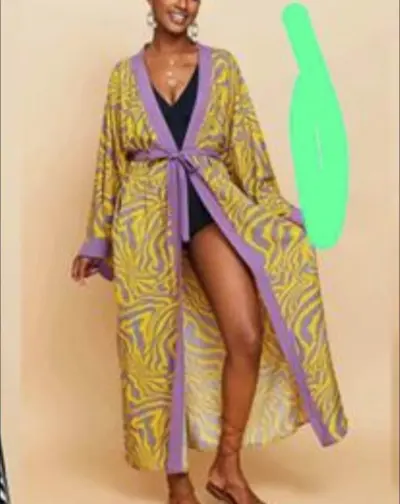 Women Fashion Casual Vacation Bright Printed Long-Sleeve Loose Beach Swimsuit Cover-Ups