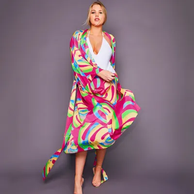Women Fashion Casual Vacation Bright Printed Long-Sleeve Loose Beach Swimsuit Cover-Ups