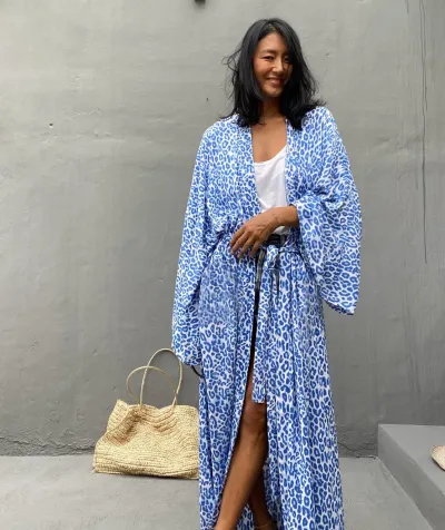 Women Fashion Casual Vacation Bright Printed Long-Sleeve Loose Beach Swimsuit Cover-Ups