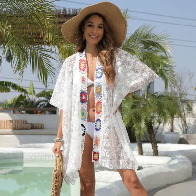 Women Fashion Sexy Vacation Lace Perspective Stitching Short-Sleeve Loose Beach Swimsuit Cover-Ups