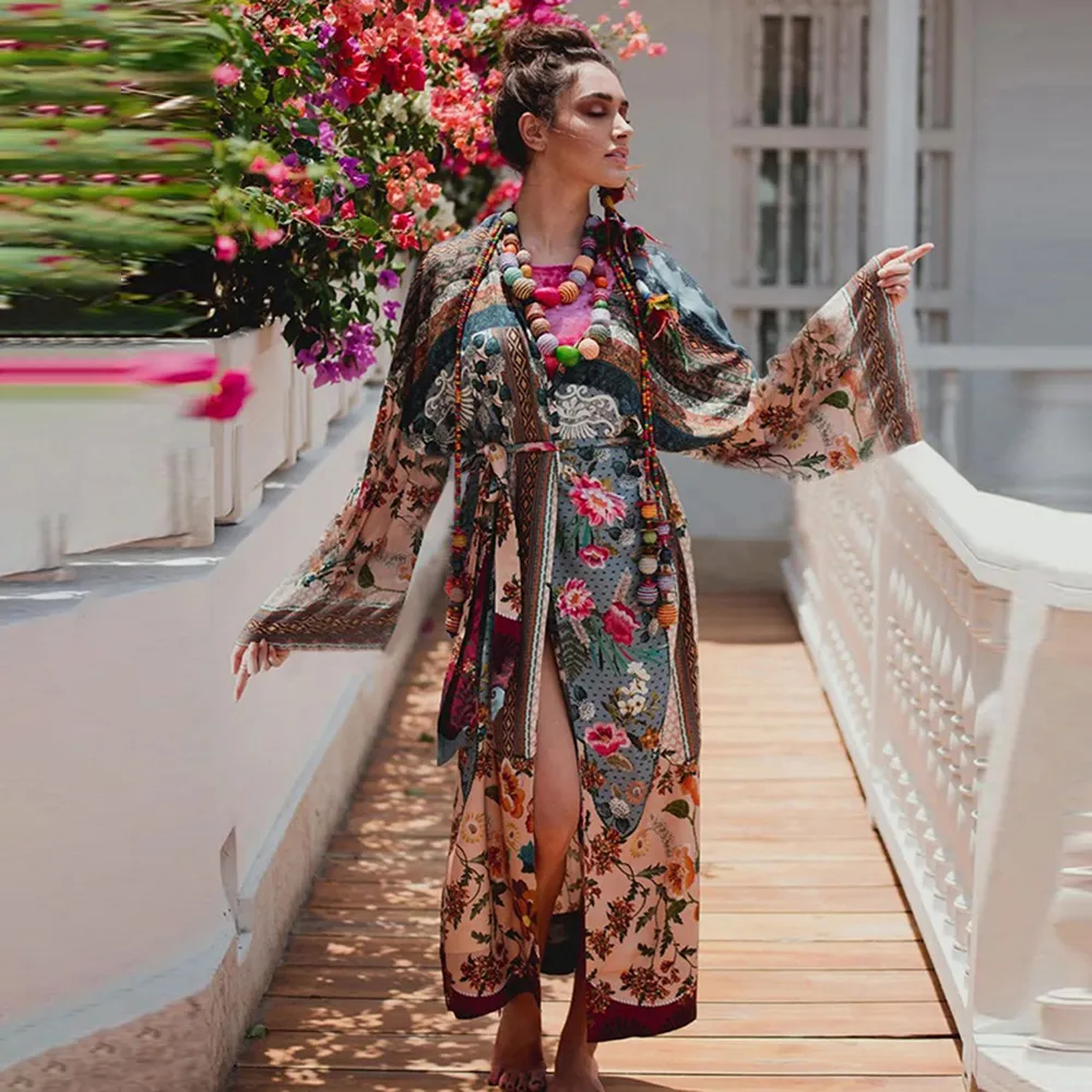 Women Fashion Casual Vacation Printed Long-Sleeve Loose Beach Swimsuit Cover-Ups