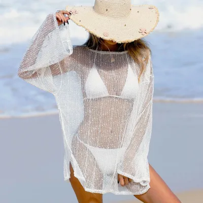 women fashion sexy solid color Hollow long-sleeve  Beach Dress Swimsuit Cover-Ups