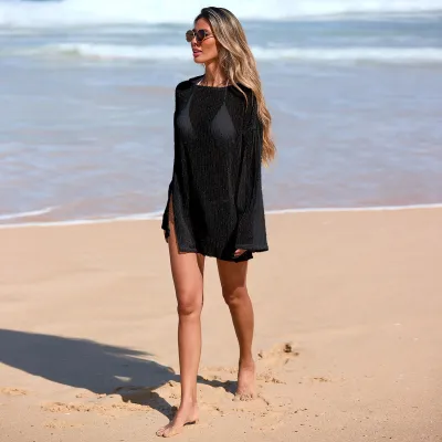 women fashion sexy solid color Hollow long-sleeve  Beach Dress Swimsuit Cover-Ups