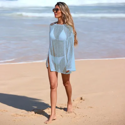 women fashion sexy solid color Hollow long-sleeve  Beach Dress Swimsuit Cover-Ups